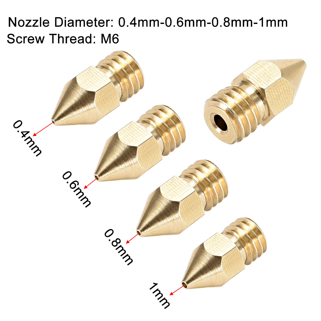 uxcell Uxcell 3D Printer Nozzle Fit for MK8,for 1.75mm Filament Brass,0.4mm - 1mm Total 5pcs