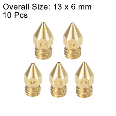 Harfington Uxcell 3D Printer Nozzle Fit for MK8,for 1.75mm Filament Brass,0.2mm - 1mm Total 10pcs