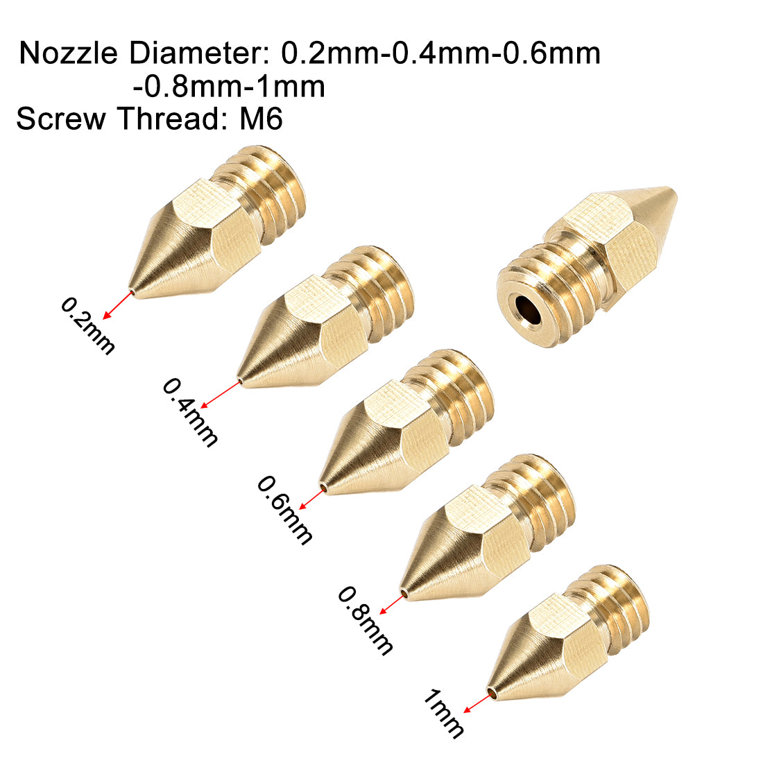 uxcell Uxcell 3D Printer Nozzle Fit for MK8,for 1.75mm Filament Brass,0.2mm - 1mm Total 10pcs