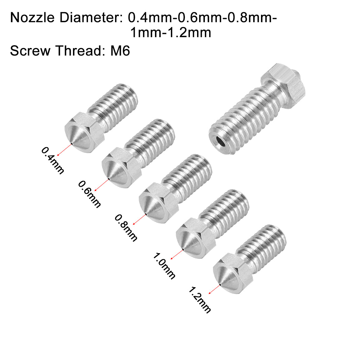 uxcell Uxcell 3D Printer Nozzle Fit for V6,for 1.75mm Filament Stainless Steel,0.4mm - 1.2mm Total 5pcs