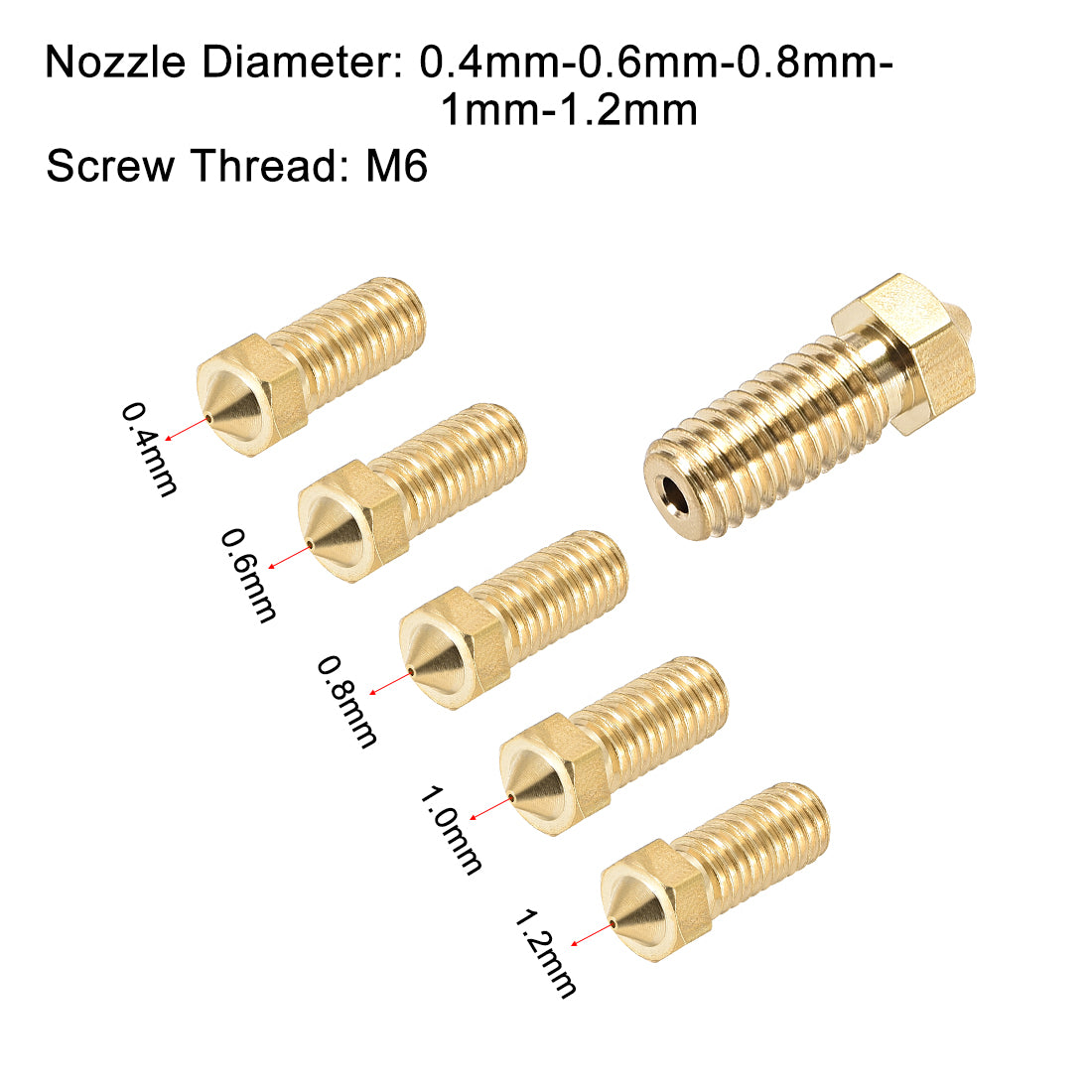 uxcell Uxcell 3D Printer Nozzle Fit for V6,for 1.75mm Filament Brass,0.4mm - 1.2mm Total 5pcs