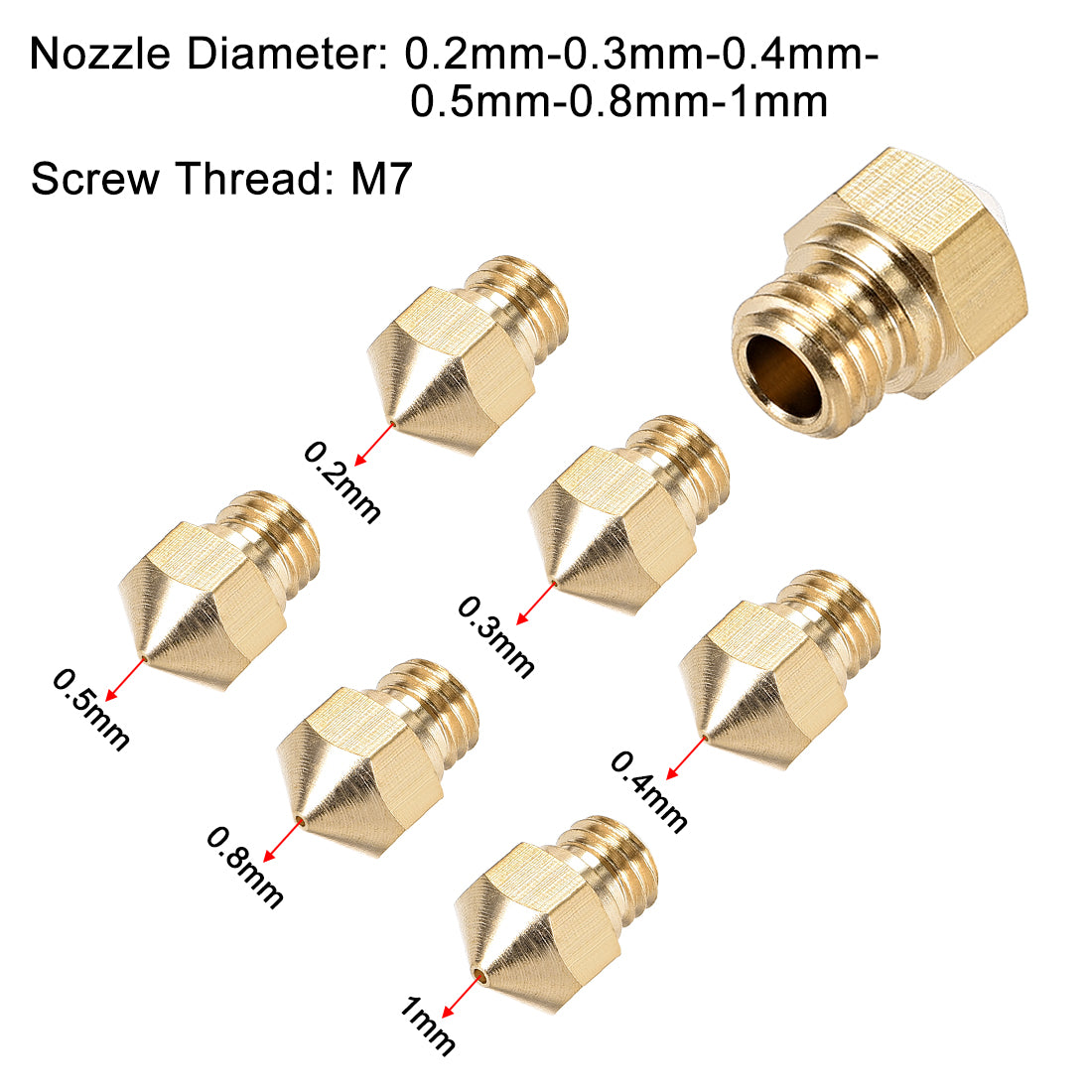 uxcell Uxcell 3D Printer Nozzle Fit for MK10, for 1.75mm Filament Brass,0.2mm - 1mm Total 6pcs