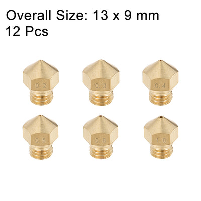 Harfington Uxcell 3D Printer Nozzle Fit for MK10,for 1.75mm Filament Brass,0.2mm - 1mm Total 12pcs