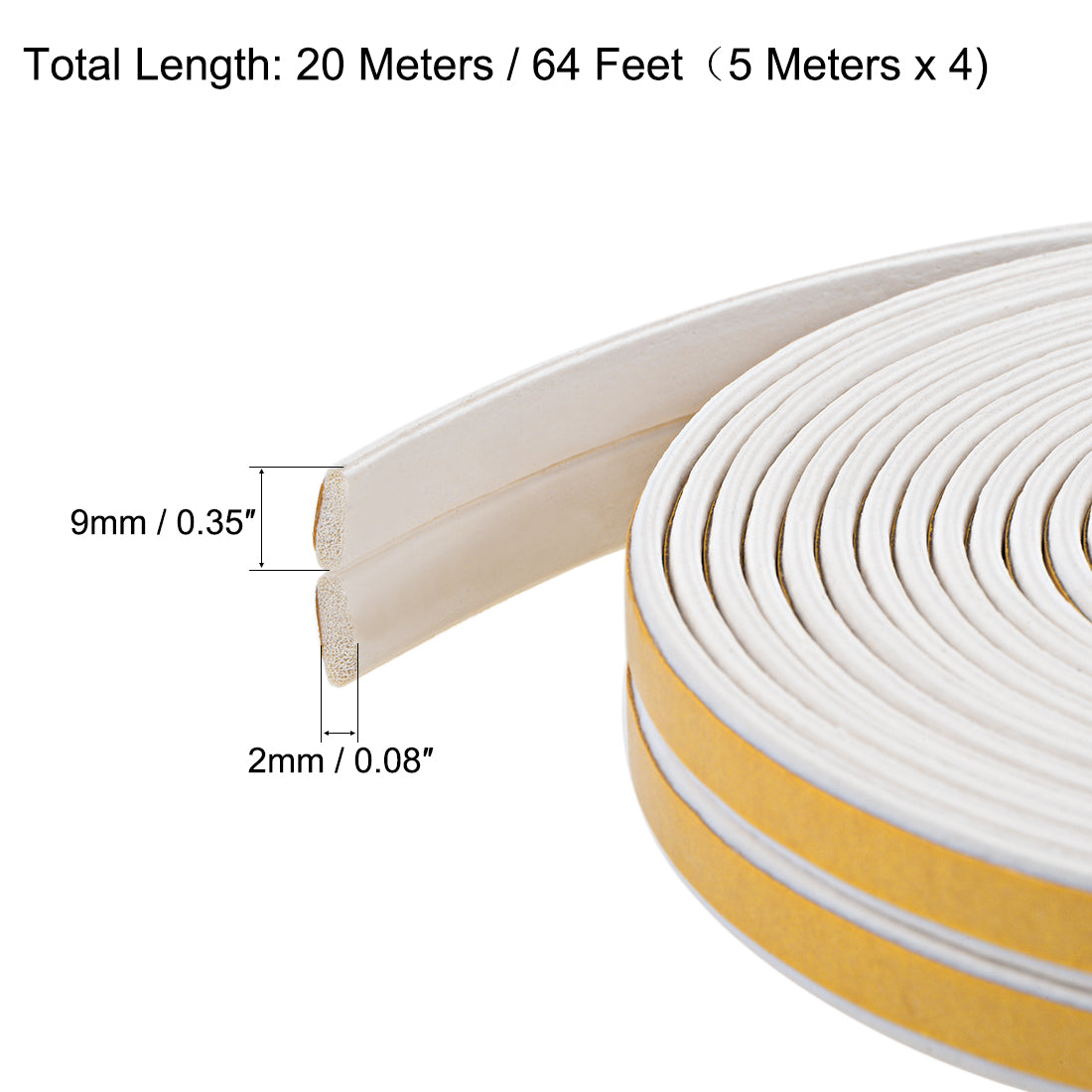 uxcell Uxcell Foam Tape Adhesive Weather Stripping 9mm Wide 2mm Thick, 5 Meters  White, 2Pcs