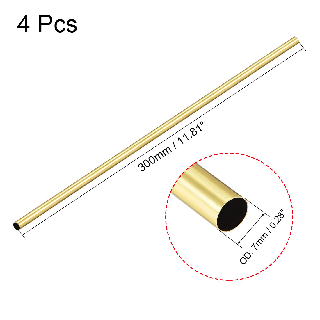 Uxcell Uxcell Brass Round Tube 300mm Length 7mm OD 0.2mm Wall Thickness Seamless Straight Pipe Tubing 4 Pcs