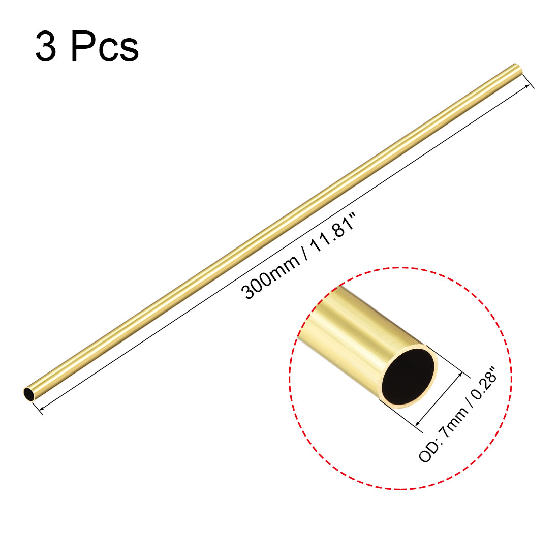 Uxcell Uxcell Brass Round Tube 300mm Length 7mm OD 0.5mm Wall Thickness Seamless Straight Pipe Tubing 3 Pcs