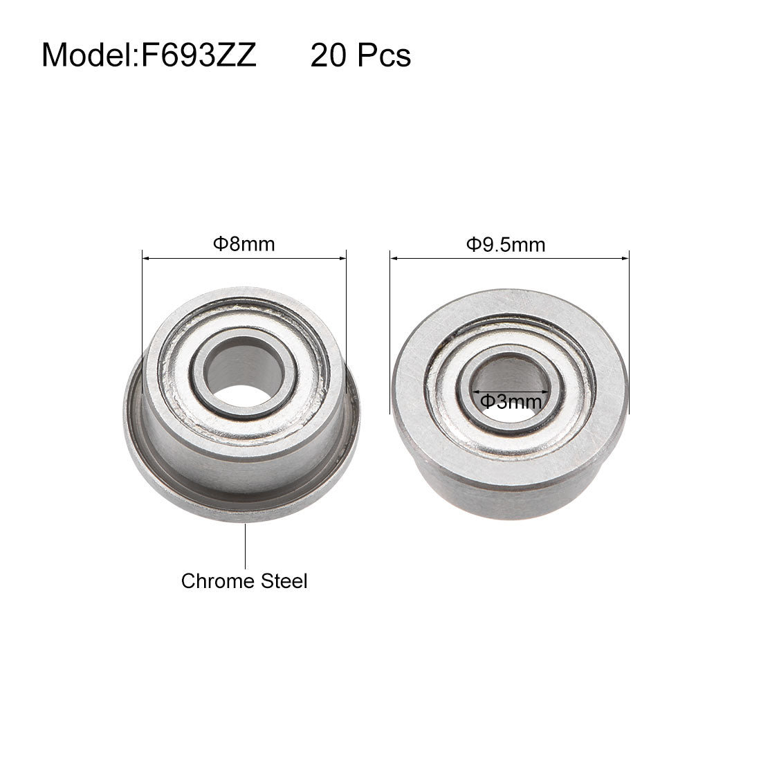 uxcell Uxcell F693ZZ Flange Ball Bearing 3mmx8mmx4mm Double Shielded Chrome Bearings 20 Pcs