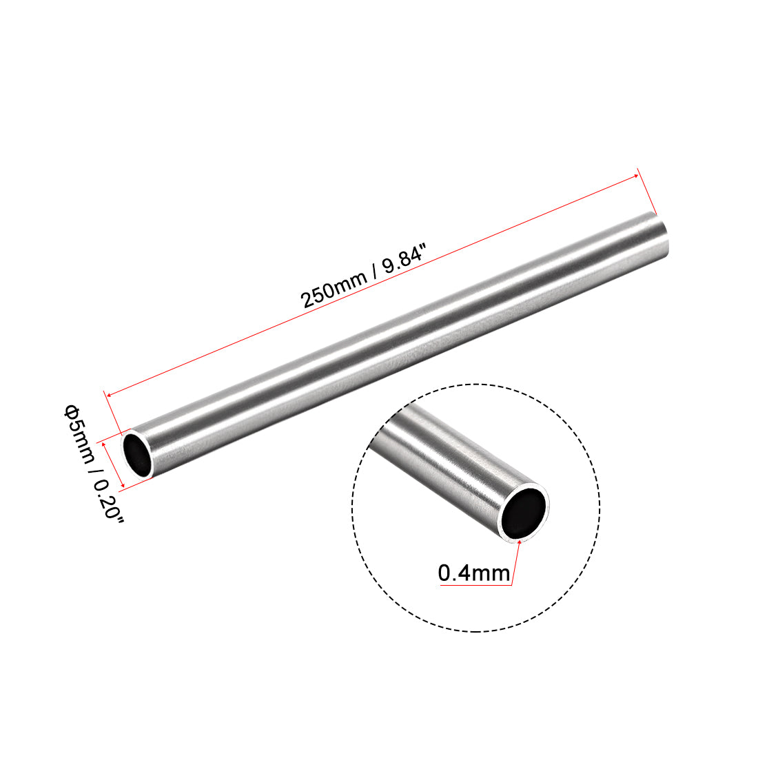 uxcell Uxcell 304 Stainless Steel Round Tubing 5mm OD 0.4mm Wall Thickness 250mm Length Seamless Straight Pipe Tube 2 Pcs