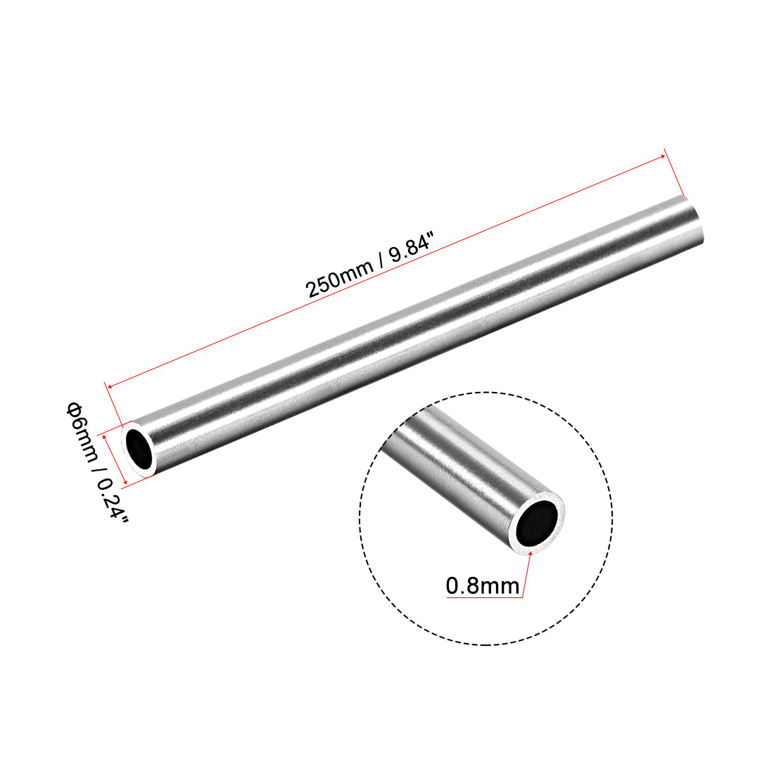 uxcell Uxcell 304 Stainless Steel Round Tubing 6mm OD 0.8mm Wall Thickness 250mm Length Seamless Straight Pipe Tube 4 Pcs