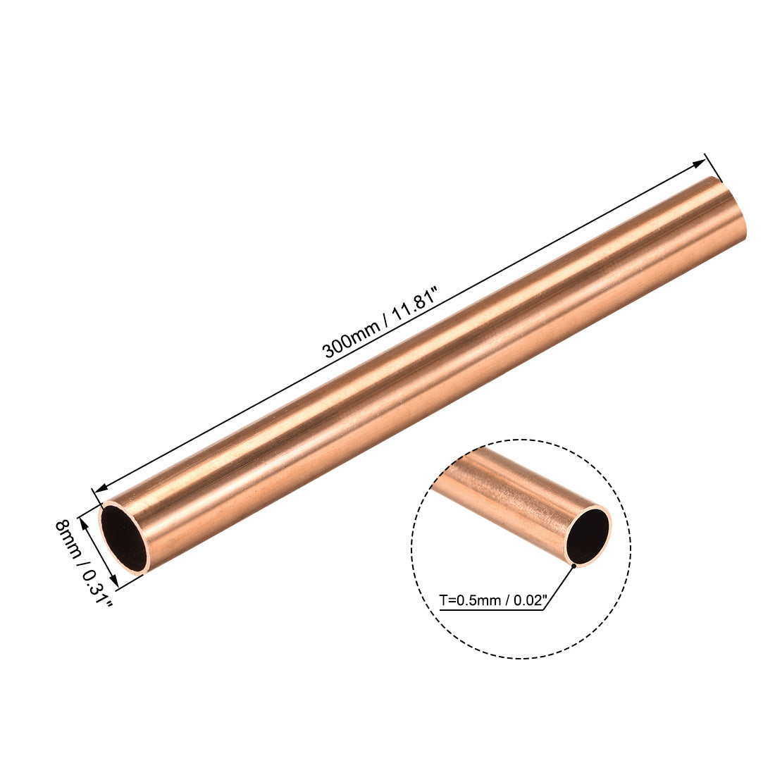 uxcell Uxcell Copper Round Tube 8mm OD 0.5mm Wall Thickness 300mm Long Hollow Straight Pipe Tubing 2 Pcs