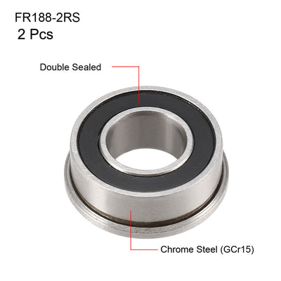 Harfington Uxcell FR188-2RS Flange Ball 1/4" x 1/2" x 3/16" Double Sealed (GCr15) Chrome Steel Bearings 2pcs