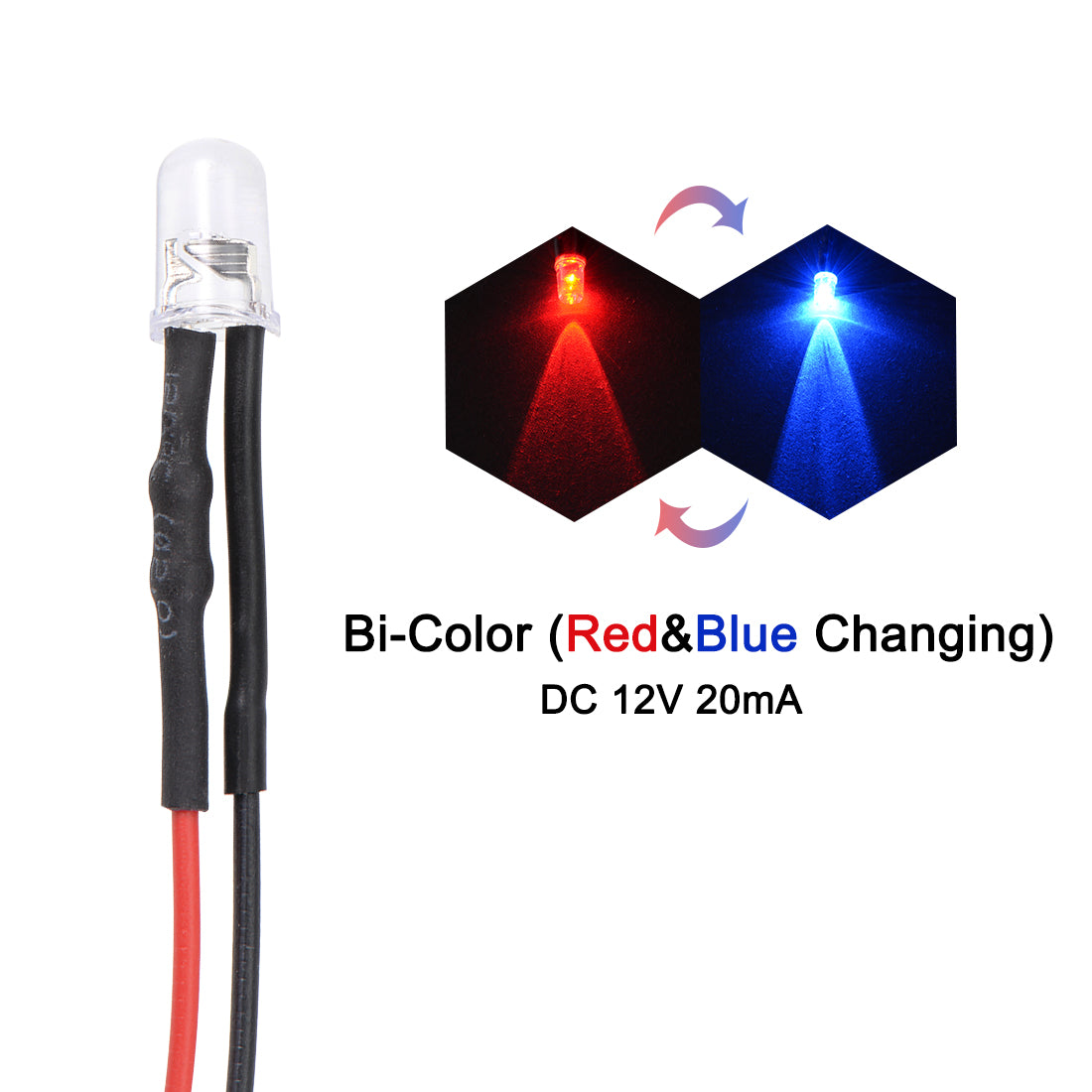 uxcell Uxcell 15Pcs DC 12V 5mm Pre Wired LED, Flashing Bi-Color (Red&Blue Changing) Light Round Top Clear Lens, Light Emitting Diodes with Edge