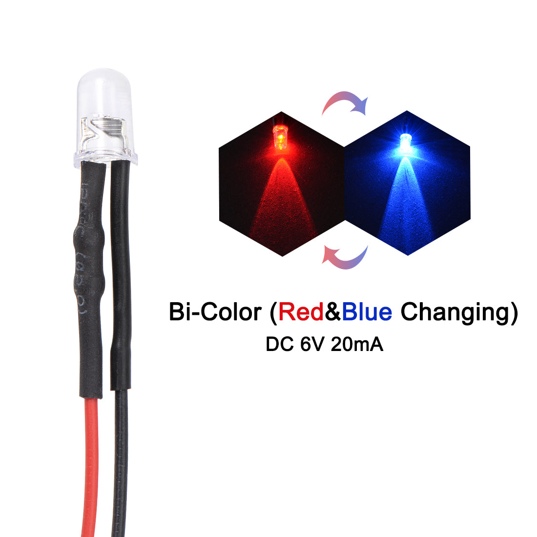 uxcell Uxcell 15Pcs DC 6V 5mm Pre Wired LED, Flashing Bi-Color (Red&Blue Changing) Light Round Top Clear Lens, Light Emitting Diodes with Edge