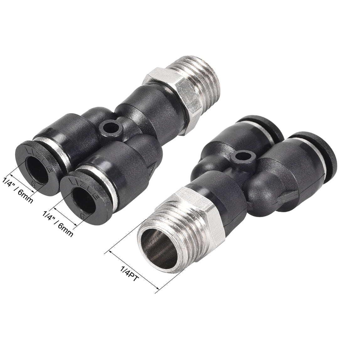 uxcell Uxcell Push To Connect Air Fittings Y Type Tube Connect 6mm OD x 1/4PT Male Thread Tube Fittings Push Lock Black 2Pcs