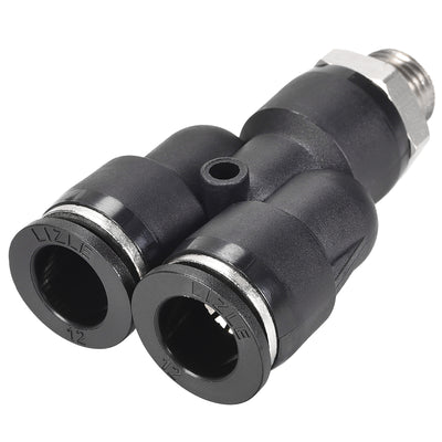 Harfington Uxcell Push To Connect Air Fittings Y Type Tube Connect 12mm OD x 1/4PT Male Thread Tube Fittings Push Lock Black 2Pcs