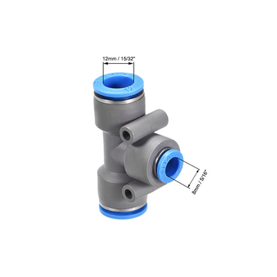 Harfington Uxcell Push To Connect Fittings T Type Tee Tube Connect 12-8mm OD Grey Push Lock