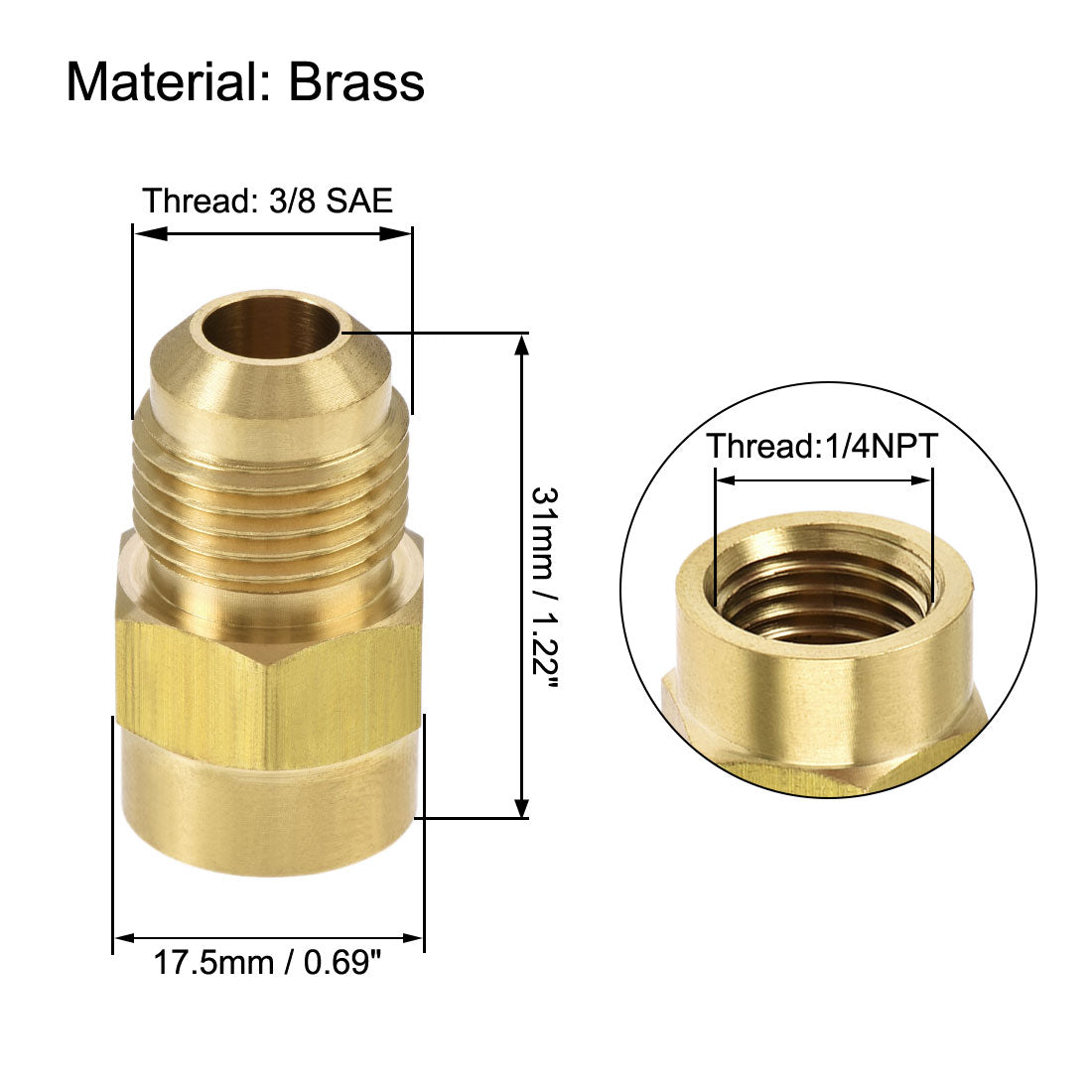 Uxcell Uxcell Brass Pipe fitting, 1/4 SAE Flare Male to 1/4NPT Female Thread, Tubing Adapter Hose Connector, for Air Conditioner Refrigeration, 2Pcs