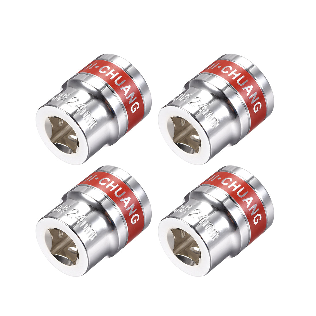 uxcell Uxcell 4 Pcs 1/2-Inch Drive by 24mm Shallow Socket with Red Band, Cr-V, 6-Point, Metric