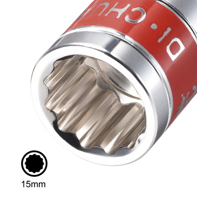 Harfington Uxcell 1/2-Inch Drive by 15mm Shallow Socket with Red Band, Cr-V, 12-Point, Metric