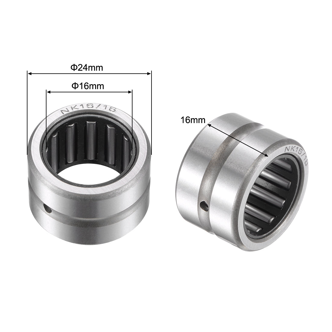 uxcell Uxcell NK16/16 Needle Roller Bearings 16mm x 24mm x 16mm Chrome Steel Open End 2pcs