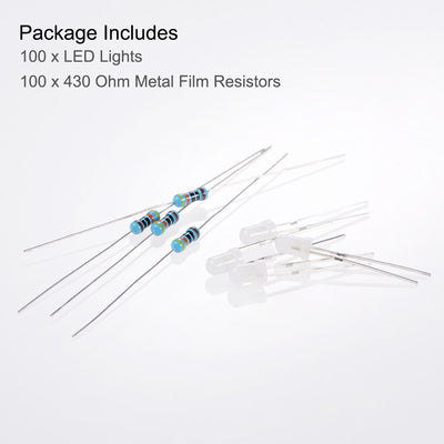 Harfington Uxcell 100Set 3.5mm LED Diodes Kit Diffused White Super Bright 19mm Pin W Resistors
