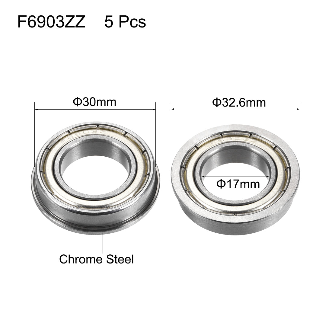 uxcell Uxcell F6903ZZ Flange Ball Bearing 17x30x7mm Double Shielded Chrome Steel Bearings 5pcs