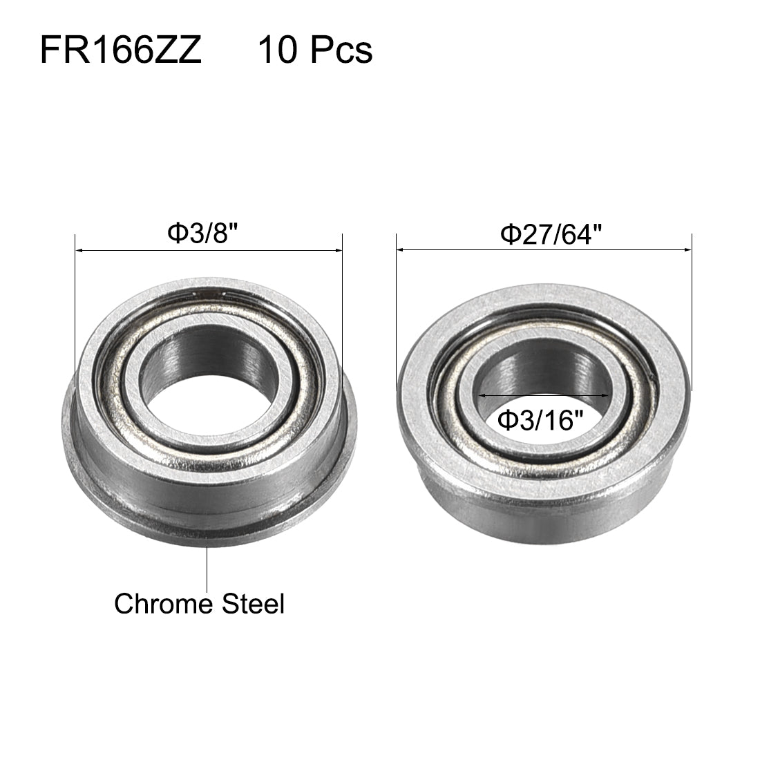uxcell Uxcell FR166ZZ Flange Ball Bearing 3/16"x3/8"x1/8" Double Shielded Bearings 10 Pcs
