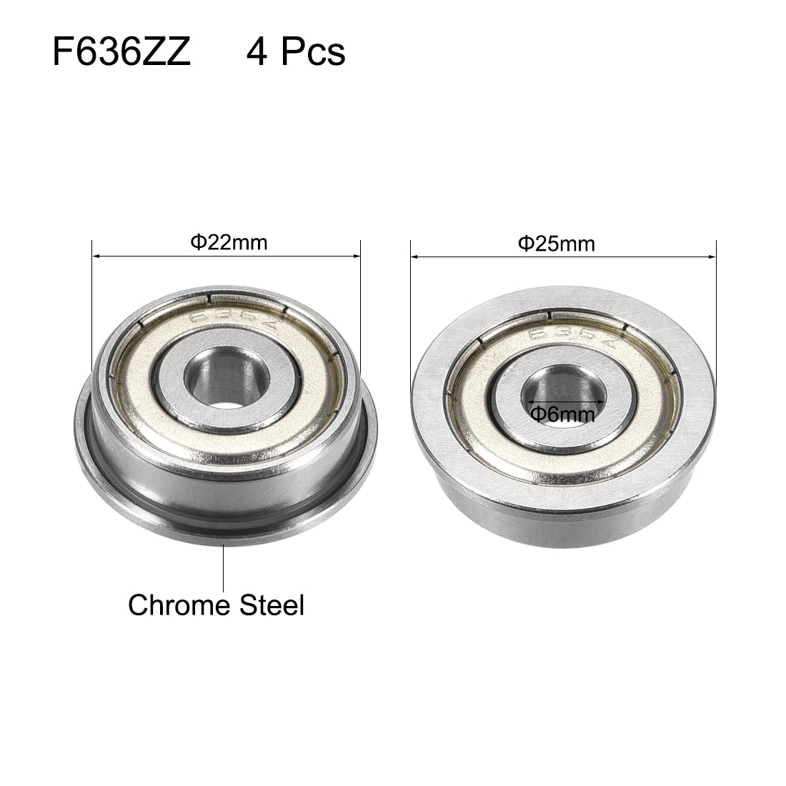 uxcell Uxcell F636ZZ Flange Ball Bearing 6x22x7mm Double Shielded Chrome Steel Bearings 4pcs