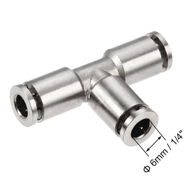 Harfington Uxcell Tee Push to Connect Tube Fittings 6mm OD Push Lock Nickel Plated Copper 2Pcs