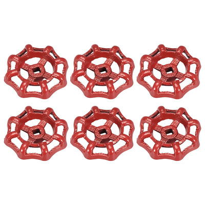 Harfington Uxcell Round Wheel Handle, Square Broach 7x7mm, Wheel OD 63mm Paint Cast Steel Red 6Pcs