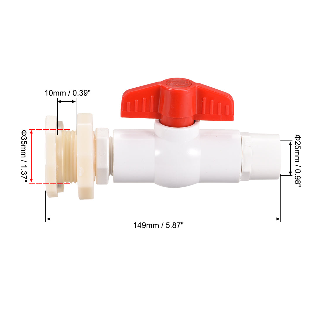 Uxcell Uxcell PVC Ball Valve Connector Spigot Kit G3/4, with Bulkhead, White Red 2Pcs