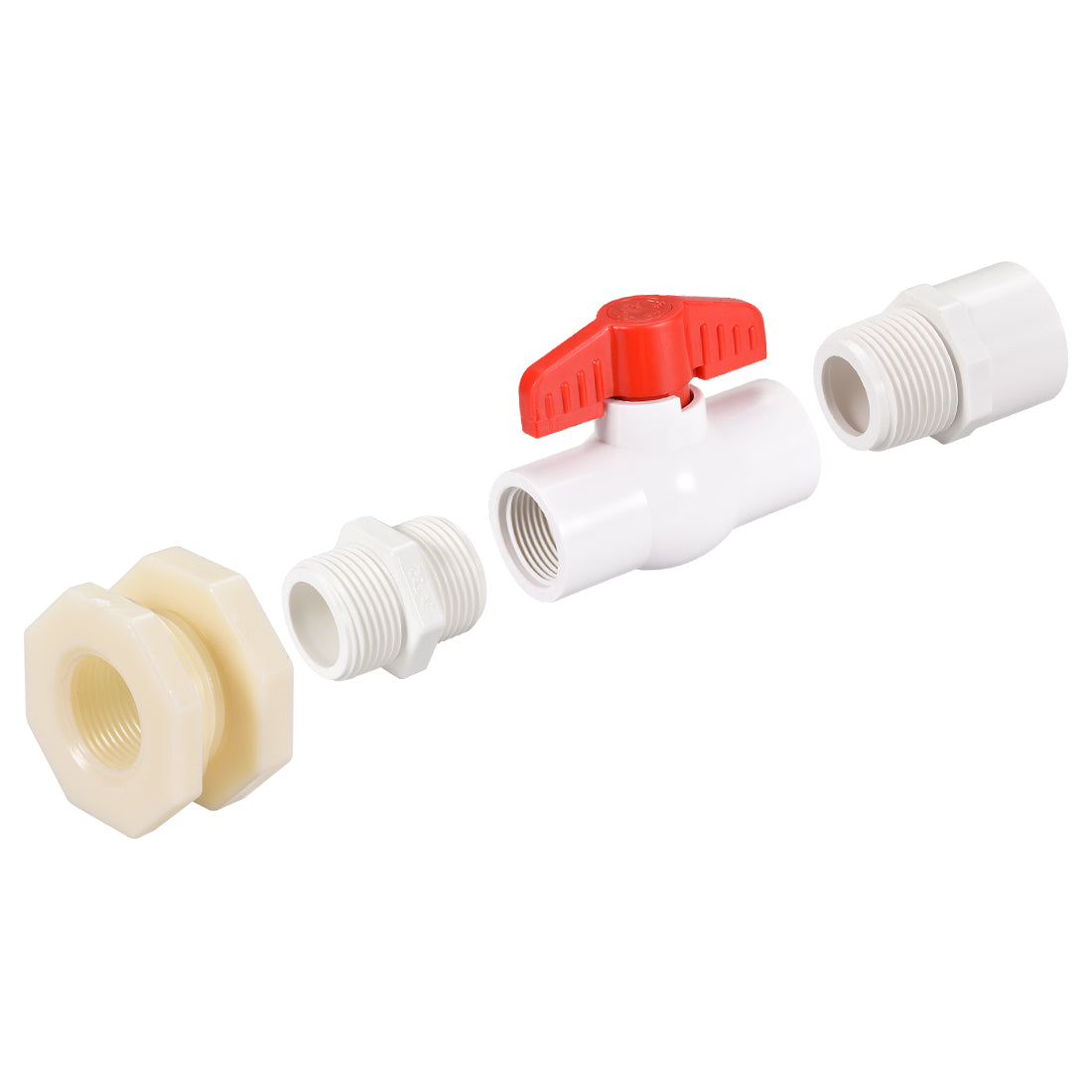 Uxcell Uxcell PVC Ball Valve Connector Spigot Kit G3/4, with Bulkhead, White Red 2Pcs