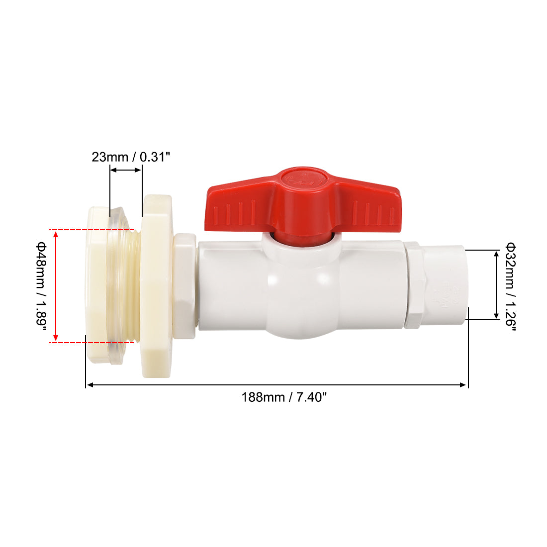 uxcell Uxcell PVC Ball Valve Connector Spigot Kit, with Bulkhead Fitting Adapter, White Red for Water Tank