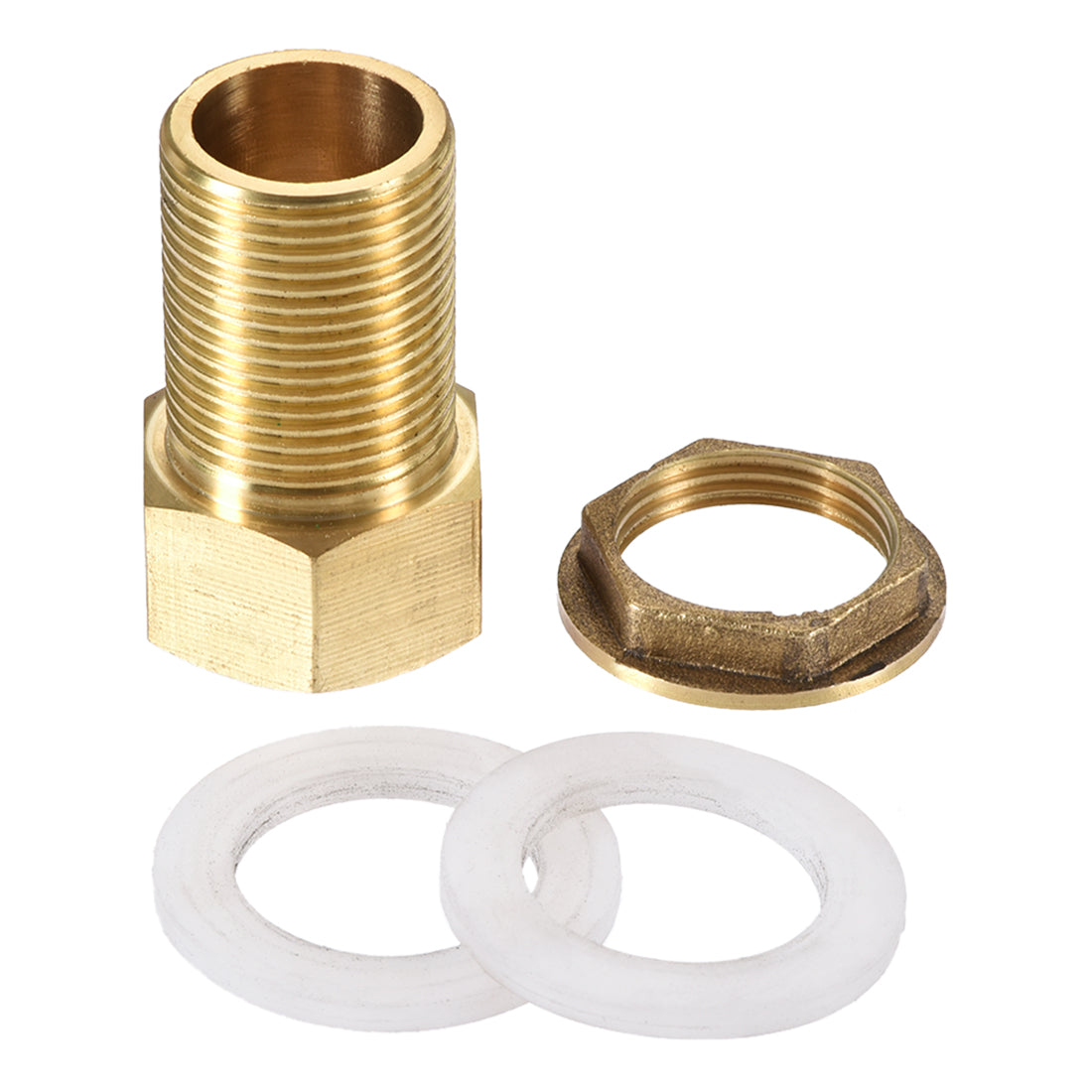 uxcell Uxcell Bulkhead Fitting, G3/4 Male 0.95" Female, Hex Tube Adaptor Hose Fitting, with Silicone Gaskets, for Water Tanks, Brass, Gold Tone