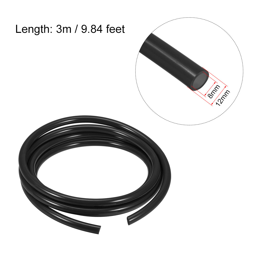 Uxcell Uxcell 12mm OD 8mm ID 5m Long Black PU Air Tubing Pipe Hose for Air Line Tube Fluid Transfer Pneumatic Tubing