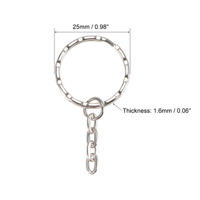 Harfington Uxcell Split Key Ring with Chain 1.6x25x2.7mm Open Jump Connector for Lanyard Zipper Handbag Art Craft, Nickel Plated Iron, Pack of 50