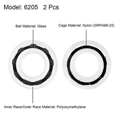 Harfington Uxcell 6205 Plastic Bearings 25x52x15mm Glass Ball Nylon Cage 2pcs