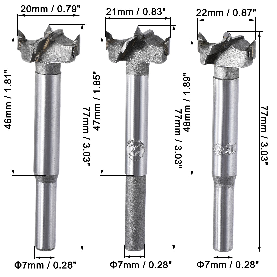 Uxcell Uxcell Forstner Wood Boring Drill Bits 18mm 19mm 20mm Dia. Hole Saw Carbide Alloy Steel Tip Round Shank Cutting for Hinge Plywood Wood Tool 3in1 Set
