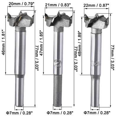 Harfington Uxcell Forstner Wood Boring Drill Bits 18mm 19mm 20mm Dia. Hole Saw Carbide Alloy Steel Tip Round Shank Cutting for Hinge Plywood Wood Tool 3in1 Set