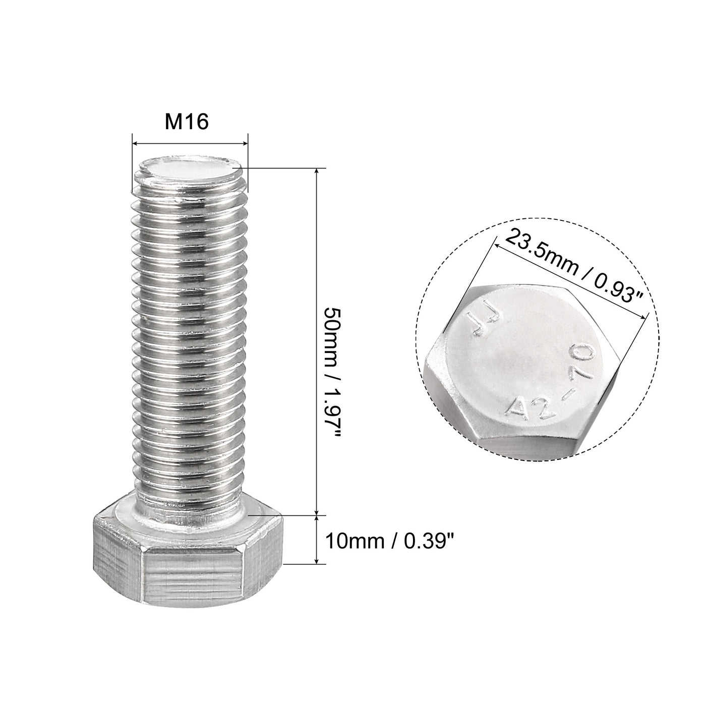 Uxcell Uxcell Hex Screw Bolt, Metric M16x30mm 304 Stainless Steel Fully Threaded Bolts 4pcs