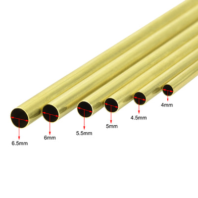 Harfington Uxcell Brass Tube, 4mm 4.5mm 5mm 5.5mm 6mm 6.5mm OD X 0.2mm Wall Thickness 300mm Length Seamless Round Pipe Tubing, Pack of 6