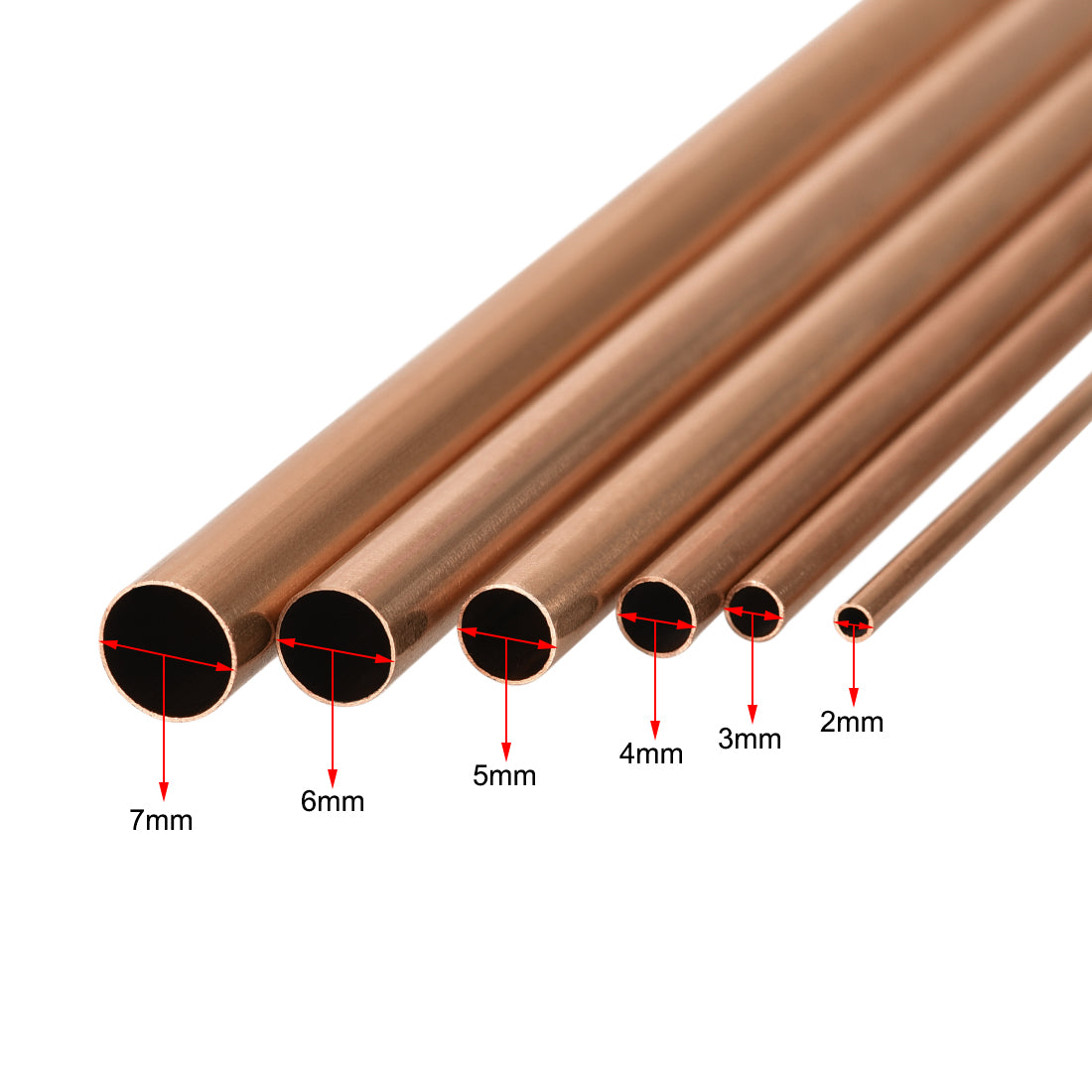 Uxcell Uxcell Copper Tube, 2mm 3mm 4mm 5mm 6mm 7mm OD x 0.5mm Wall Thickness 300mm Length Seamless Round Pipe Tubing, Pack of 6