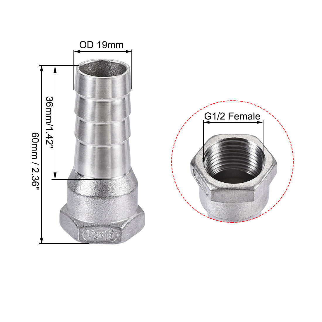 uxcell Uxcell 304 Stainless Steel Hose Barb Fitting Coupler 19mm Barb G1/2 Female Thread 2Pcs