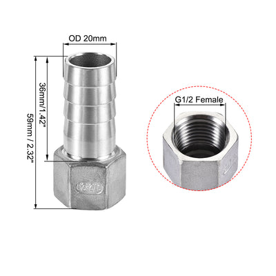 Harfington Uxcell 304 Stainless Steel Hose Barb Fitting Coupler 20mm Barb G1/2 Female Thread