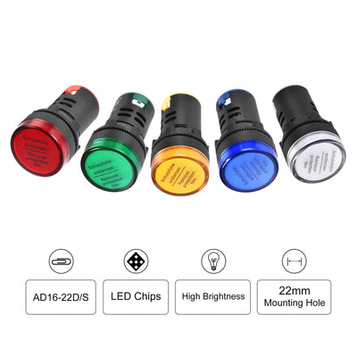Harfington Uxcell AC/DC 110V Indicator Lights, 0.87Inch 22mm Mounting Hole, Led Dust Cover IP54, Red Green Yellow Blue White - 5 Colors, 5Pcs