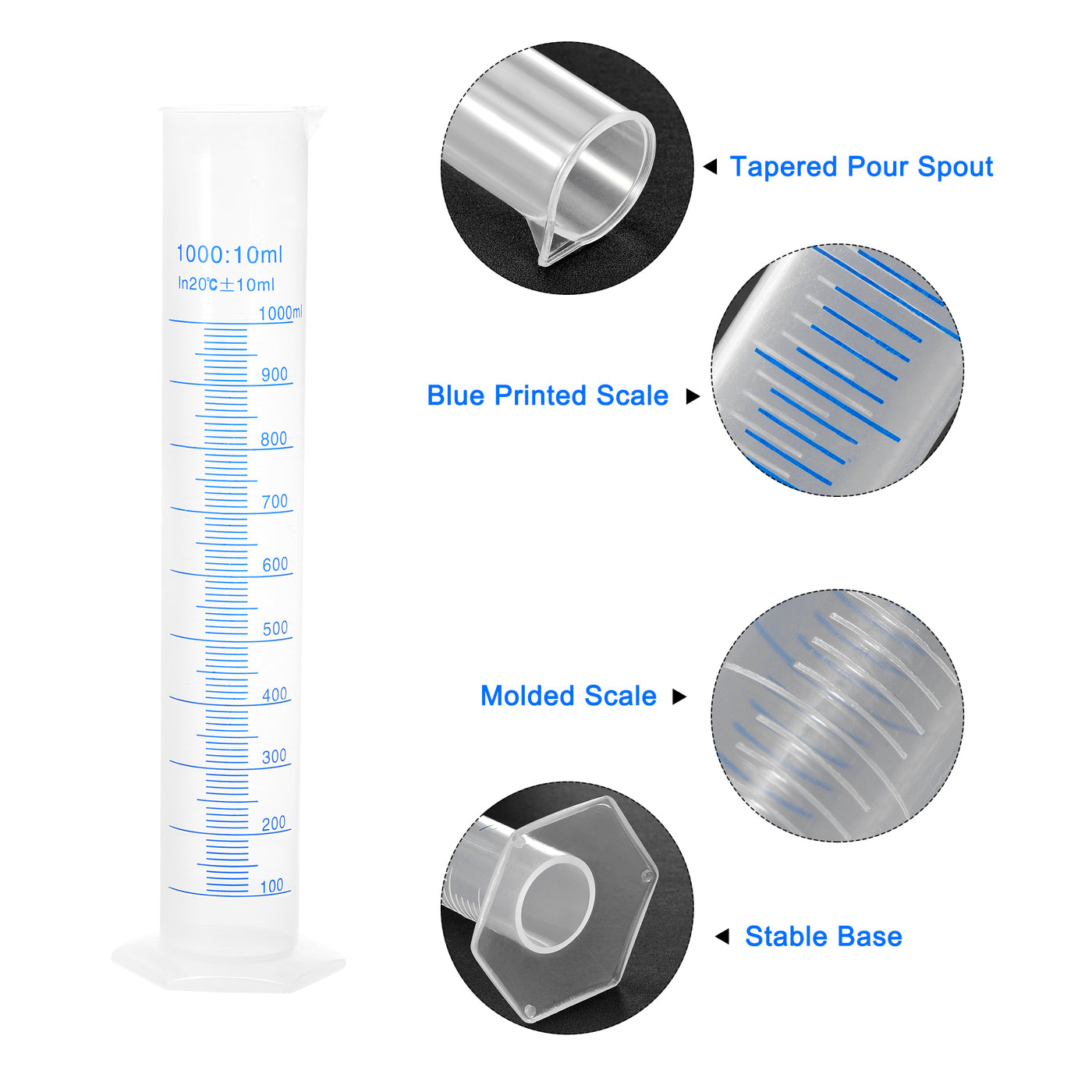 uxcell Uxcell Plastic Graduated Cylinder, 50ml 100ml 250ml 500ml 1000ml Measuring Cylinder,  Double-Sided Metric Marking, Clear Hex Base, 5 in 1 Set