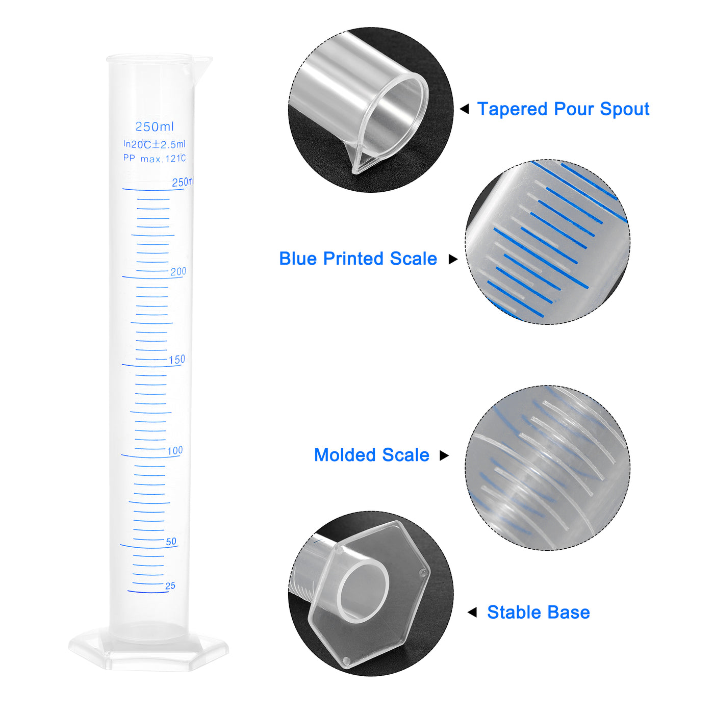 uxcell Uxcell Plastic Graduated Cylinder, 10ml 25ml 50ml 100ml 250ml Measuring Cylinder,  Double-Sided Metric Marking, Clear Hex Base, 5 in 1 Set