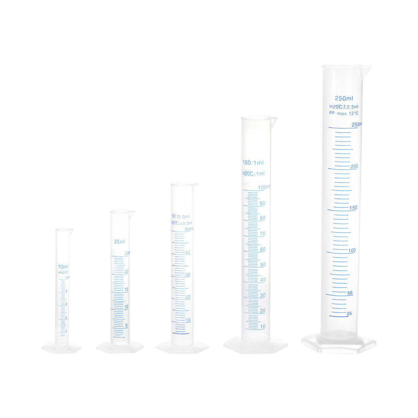 uxcell Uxcell Plastic Graduated Cylinder, 10ml 25ml 50ml 100ml 250ml Measuring Cylinder,  Double-Sided Metric Marking, Clear Hex Base, 5 in 1 Set