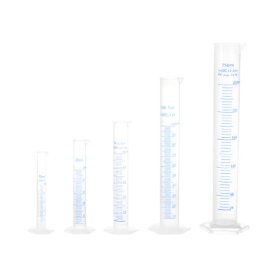 Harfington Uxcell Plastic Graduated Cylinder, 10ml 25ml 50ml 100ml 250ml Measuring Cylinder,  Double-Sided Metric Marking, Clear Hex Base, 5 in 1 Set
