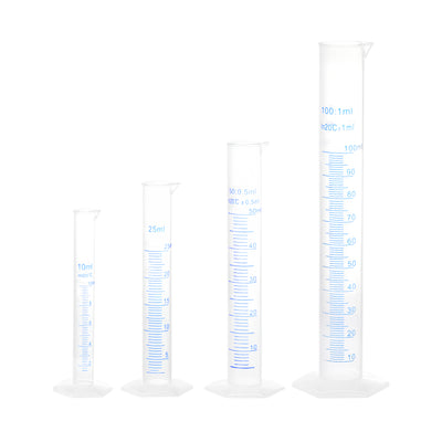 Harfington Uxcell Plastic Graduated Cylinder, 10ml 25ml 50ml 100ml Measuring Cylinder,  Double-Sided Metric Marking, Clear Hex Base, 4 in 1 Set